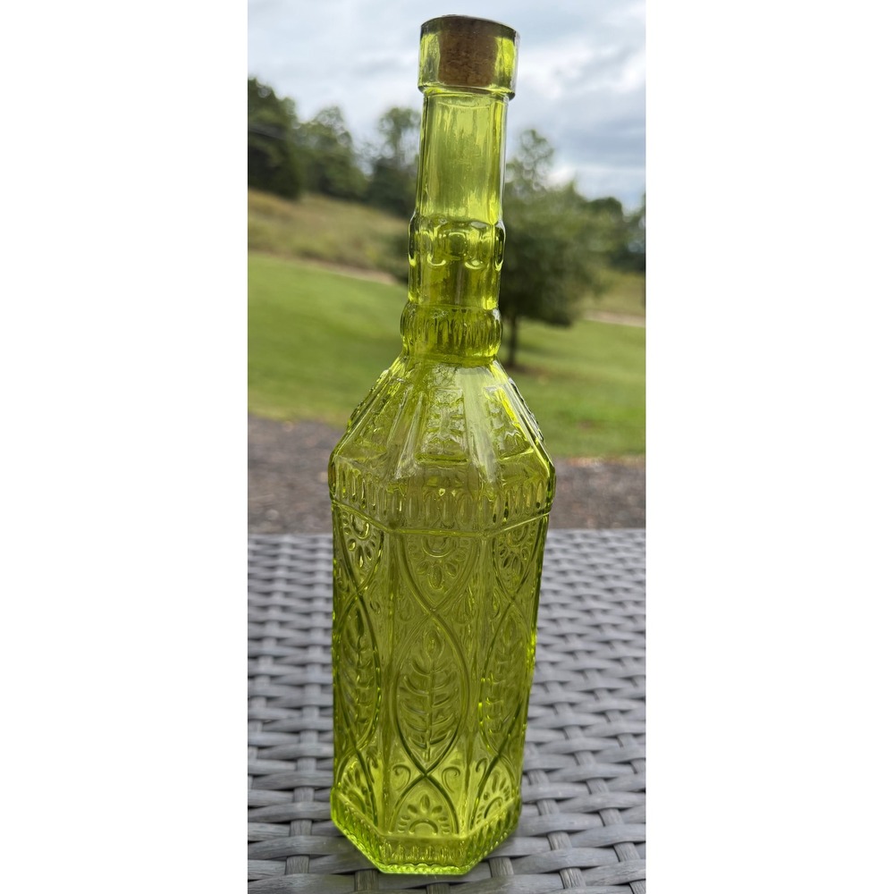 Vintage Chartreuse Green Glass Bottle Embossed Leaf Hexagonal Decanter 12"